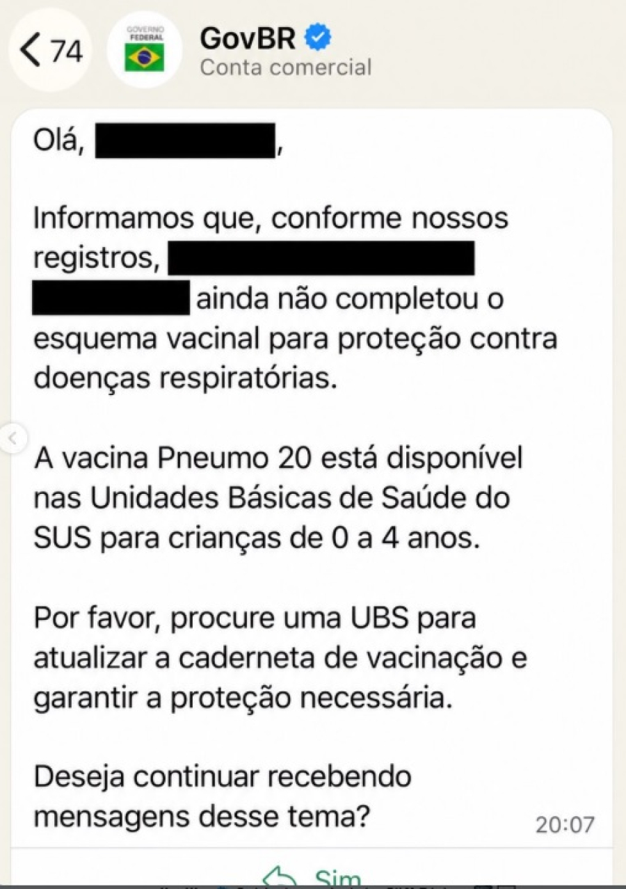 Falha em mensagens sobre vacina Pneumo 20 gera dúvidas entre famílias